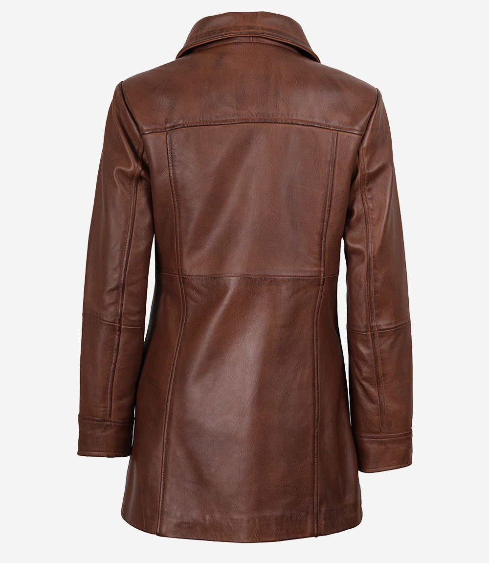 Womens Tall Shirt Collar Cognac Leather Coat - 3/4 Length Coat