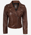 Women's Distressed Asymmetrical Cognac Biker Style Leather Jacket