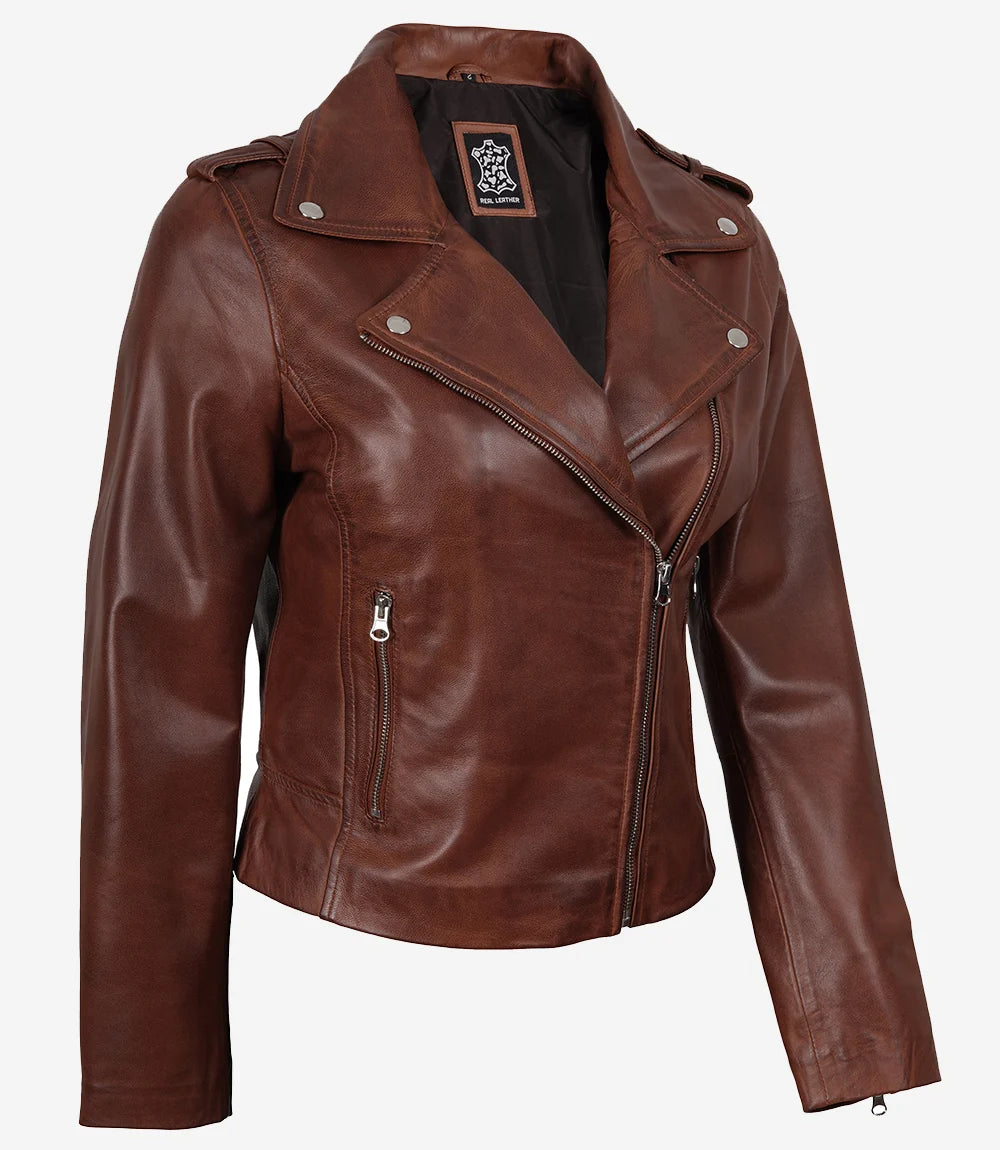 Women's Distressed Asymmetrical Cognac Biker Style Leather Jacket