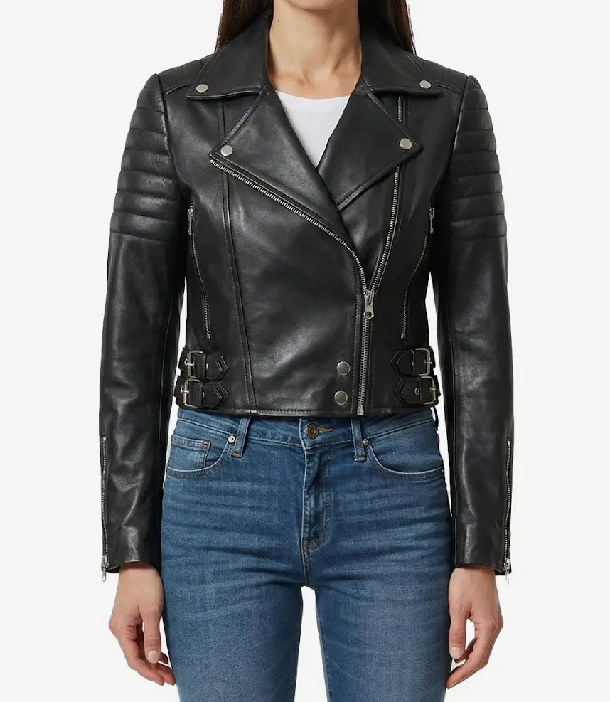 Asymmetrische schwarze kurze Lederjacke im Biker-Stil für Damen