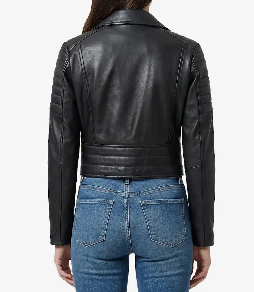 Asymmetrische schwarze kurze Lederjacke im Biker-Stil für Damen