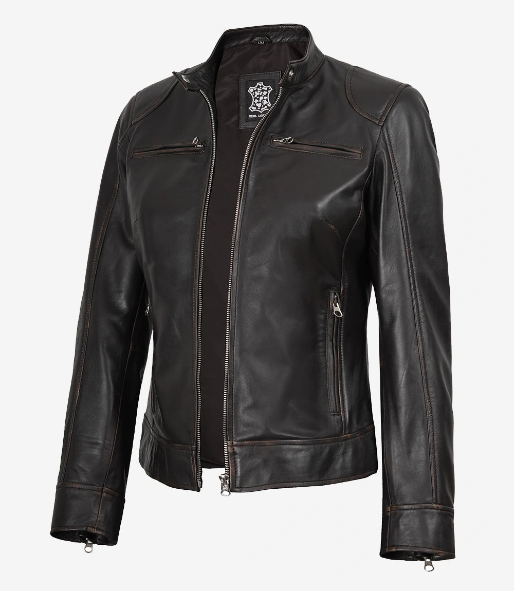Womens Ruboff Brown Distressed Biker Leather Jacket