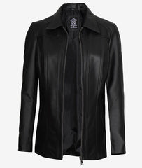 Womens Shirt Collar 3 4 Length Black Leather Coat