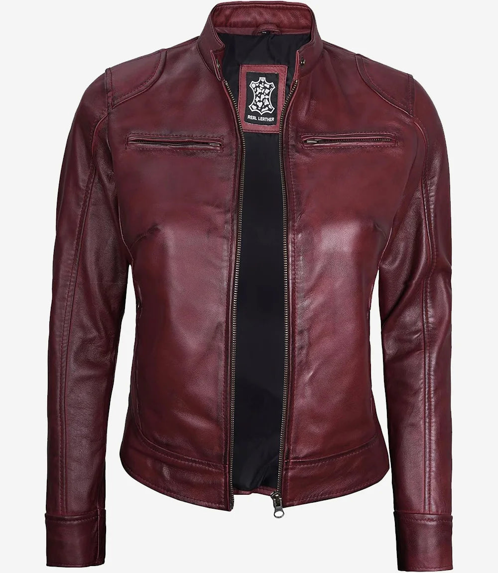 Womens Maroon Real Leather Moto Jacket