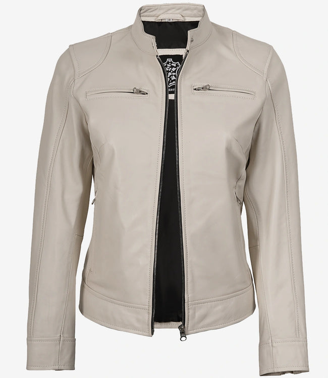 Women's Off White Biker Style Leather Jacket