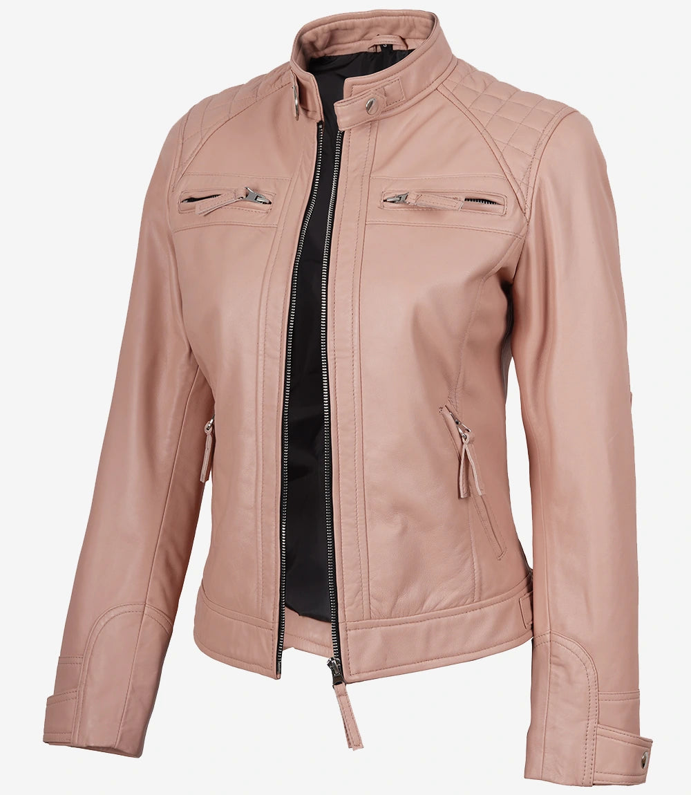 Rosa Lederjacke im Biker-Stil für Damen – gesteppte Schulter