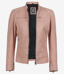 Womens Biker Racer Light Pink Leather Jacket