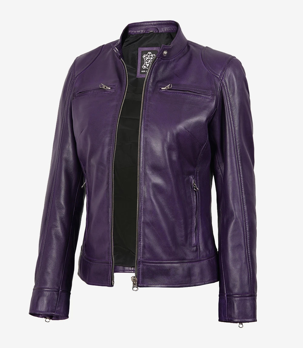Womens Purple Real Leather Moto Jacket