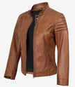 Womens Real Lambskin Leather Tan Biker Style Jacket