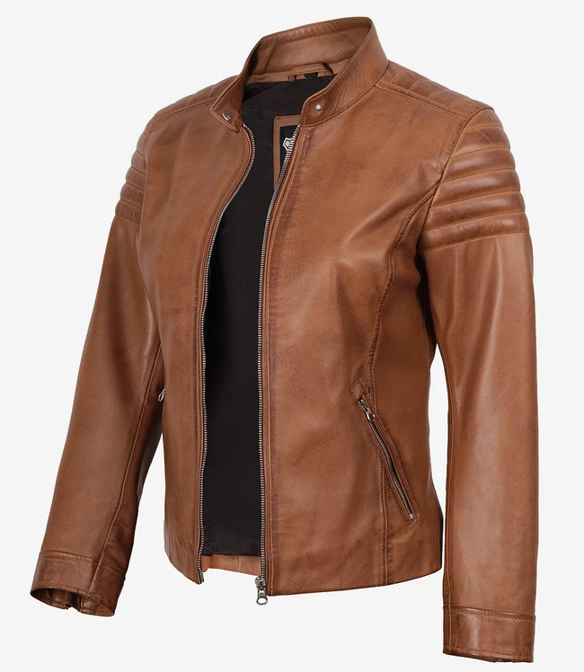 Damenjacke aus echtem Lammleder im Biker-Stil, Hellbraun