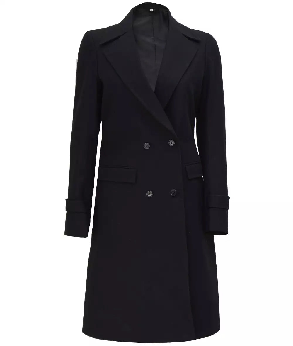 Womens Two Pockets Wool Coat Black