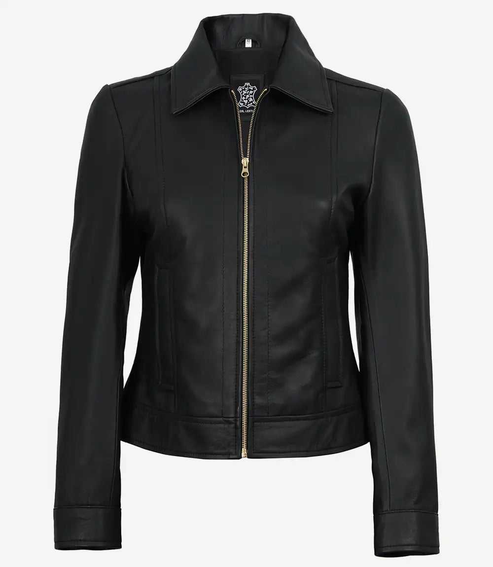 Jose Women's Black Harrington Leather Jacket with Golden Details