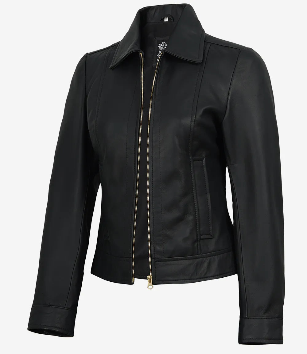 Jose Women's Black Harrington Leather Jacket with Golden Details