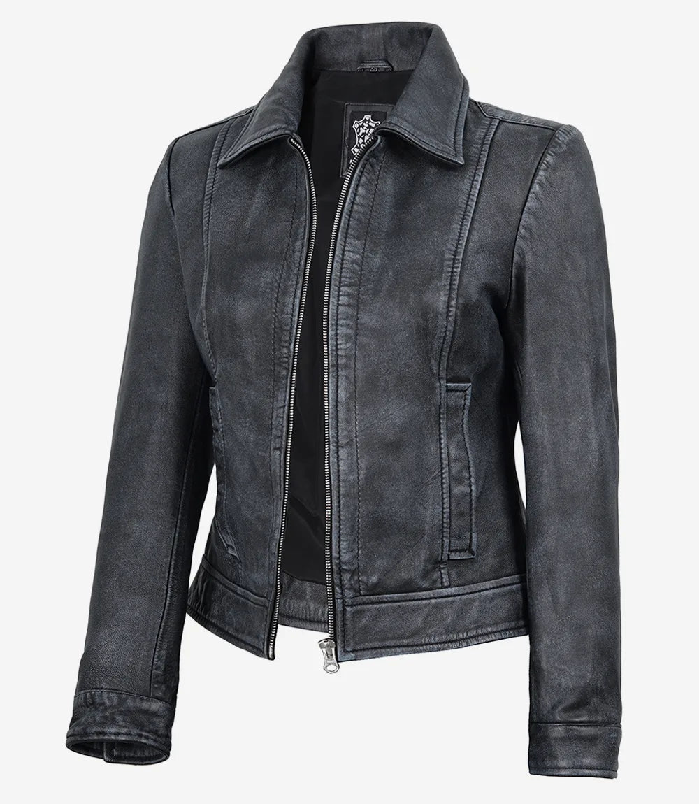 Jose Womens Black Shirt Collar Harrington Washed Leather Jacket