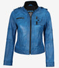 Blaue Damenjacke im Biker-Stil aus gewachstem Lammleder