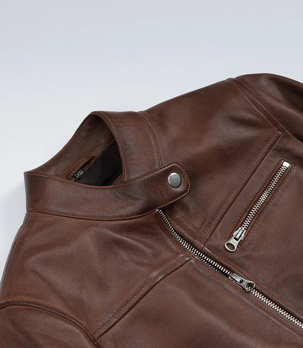 Women's Cognac Waxed Lambskin Biker Style Leather Jacket