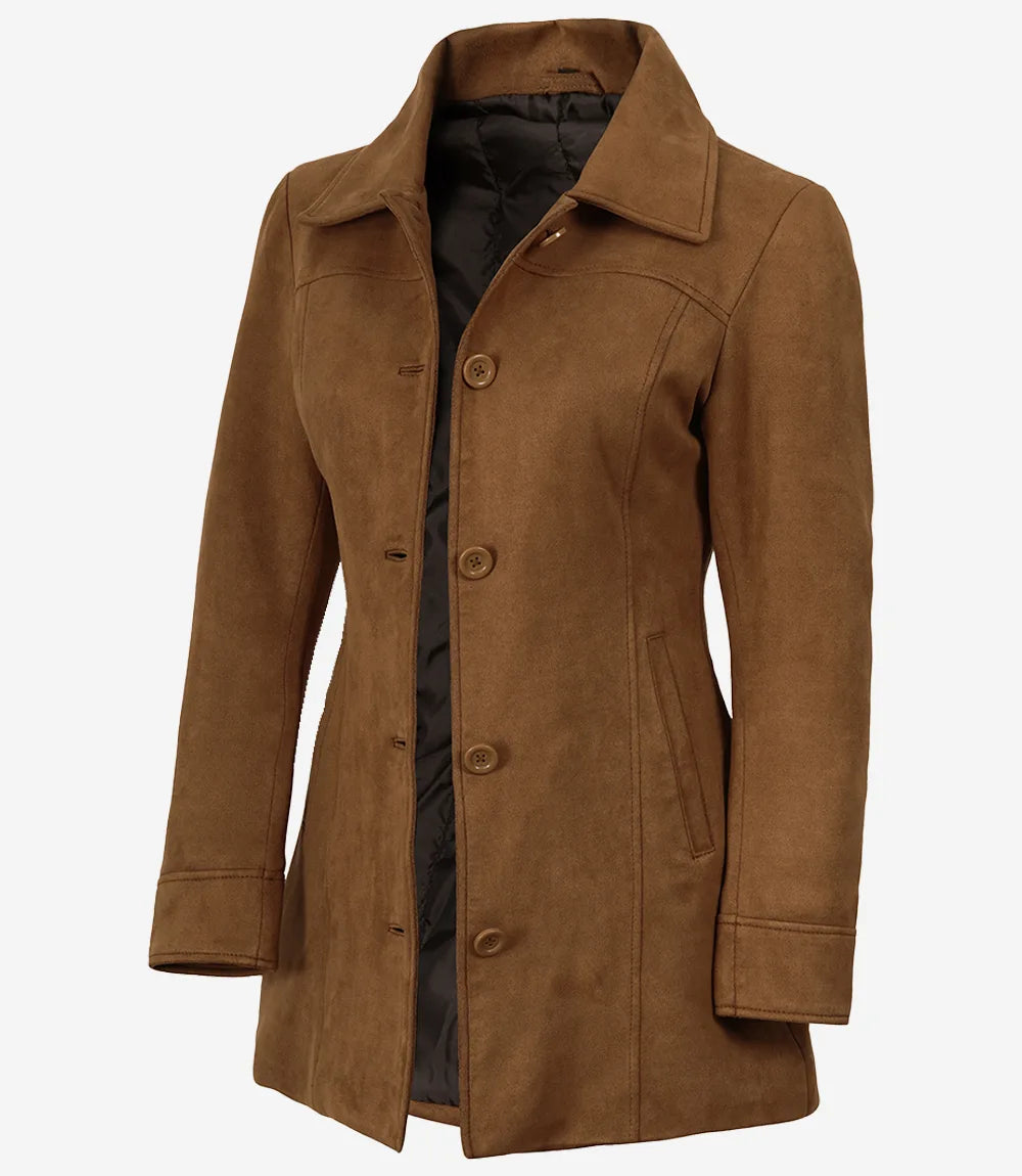 Women's 3/4 Length Button Down Light Brown Faux Suede Coat