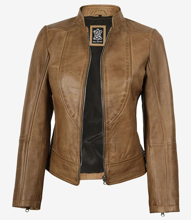Amy Damen Lederjacke im Biker-Stil, Kamelbraun