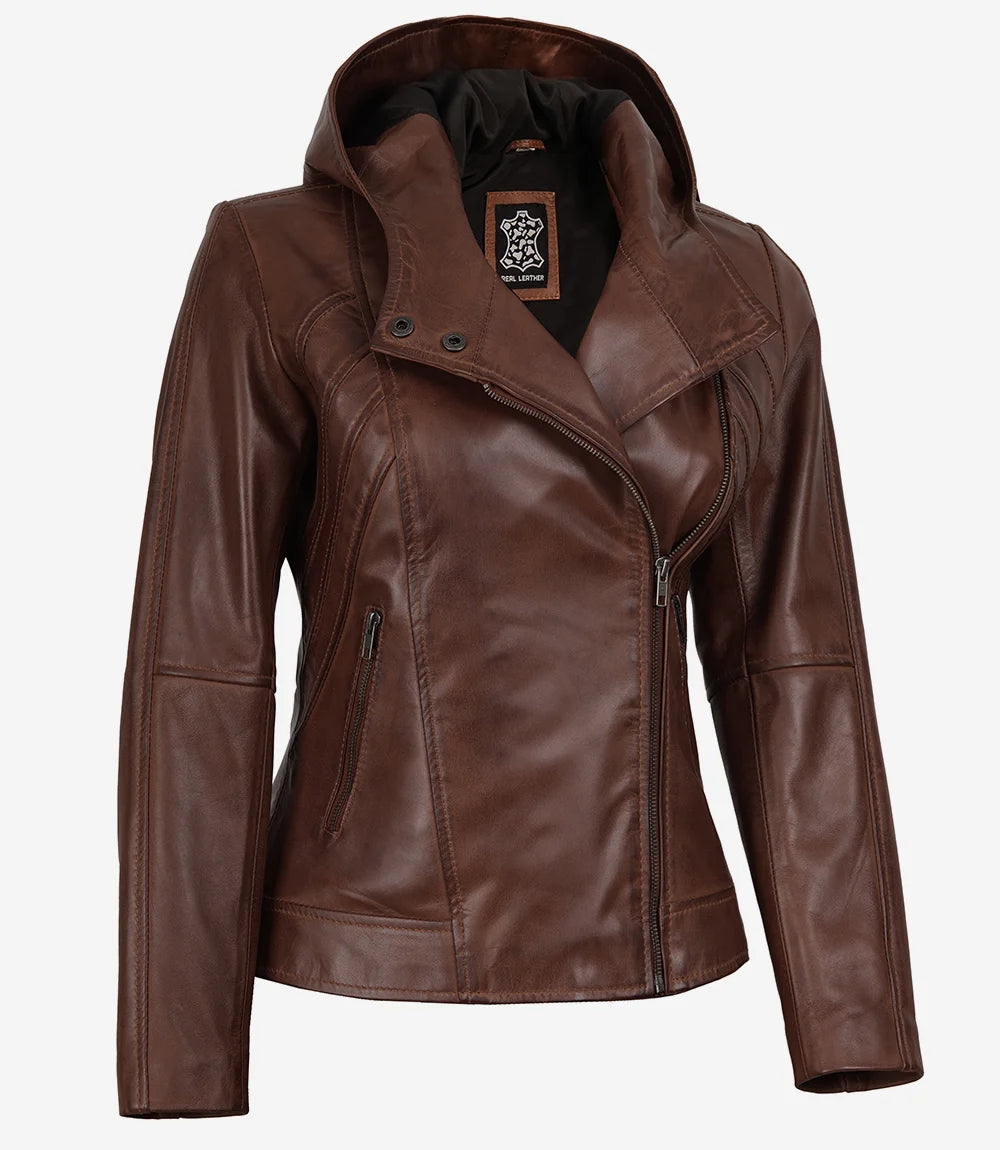 Womens Asymmetrical Brown Biker Style Leather Jacket with Hood