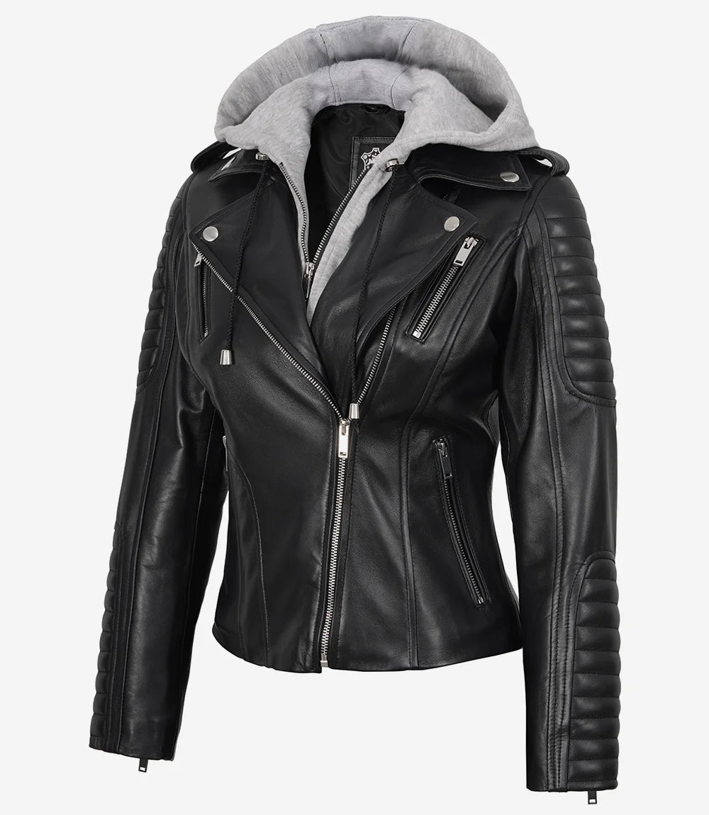 Schwarze Lederjacke im Biker-Stil für Damen mit Kapuze