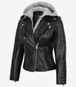 Schwarze Lederjacke im Biker-Stil für Damen mit Kapuze