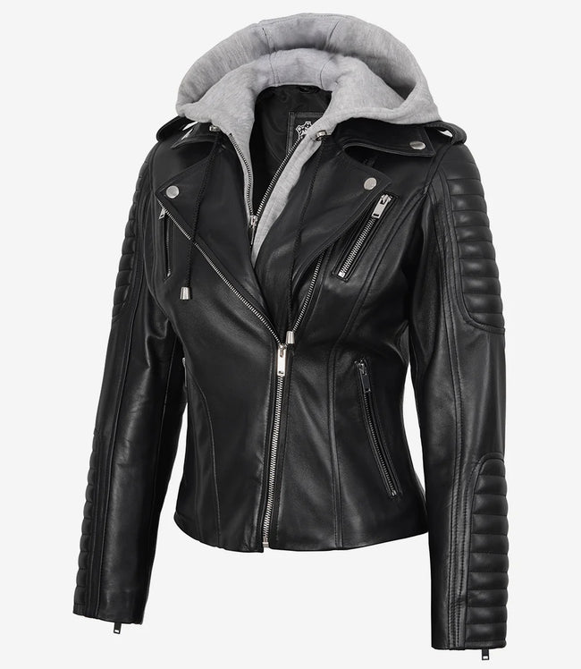 Women's Biker Style Black Leather Jacket with Hood