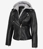 Schwarze Lederjacke im Biker-Stil für Damen mit Kapuze