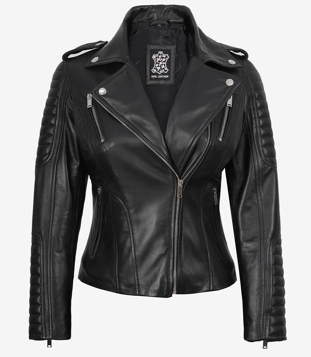Schwarze Lederjacke im Biker-Stil für Damen mit Kapuze