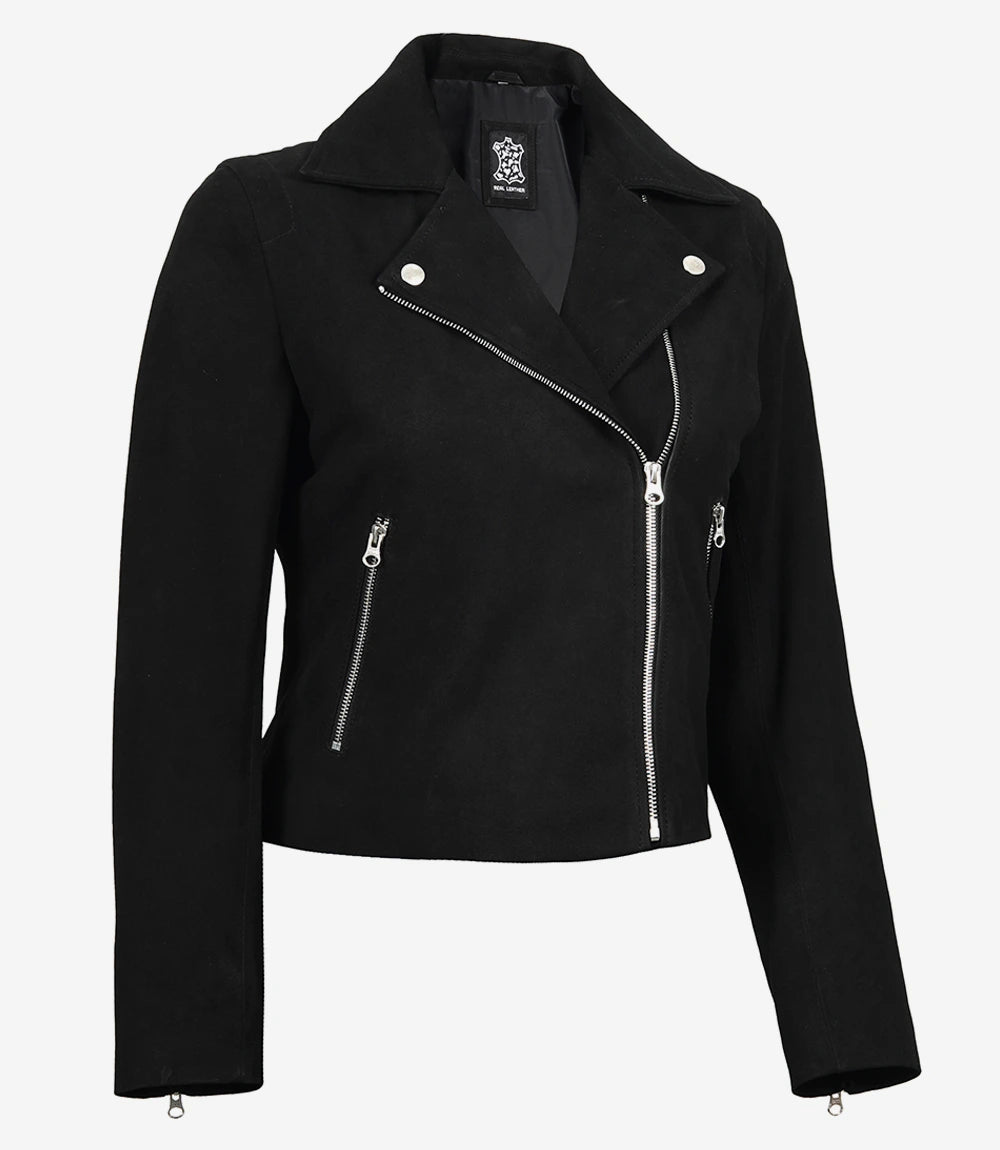 Womens Black Real Suede Biker Style Jacket