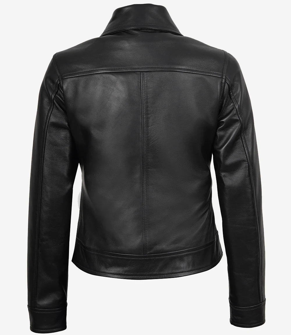 Womens Black Shirt Collar Harrington Leather Jacket