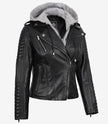 Schwarze Lederjacke im Biker-Stil für Damen mit Kapuze