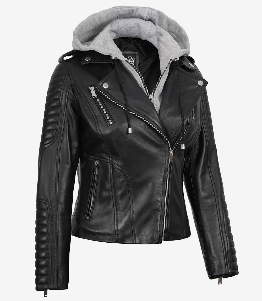 Schwarze Lederjacke im Biker-Stil für Damen mit Kapuze