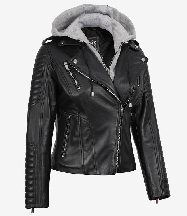 Women's Biker Style Black Leather Jacket with Hood