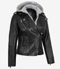 Schwarze Lederjacke im Biker-Stil für Damen mit Kapuze