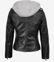Schwarze Lederjacke im Biker-Stil für Damen mit Kapuze