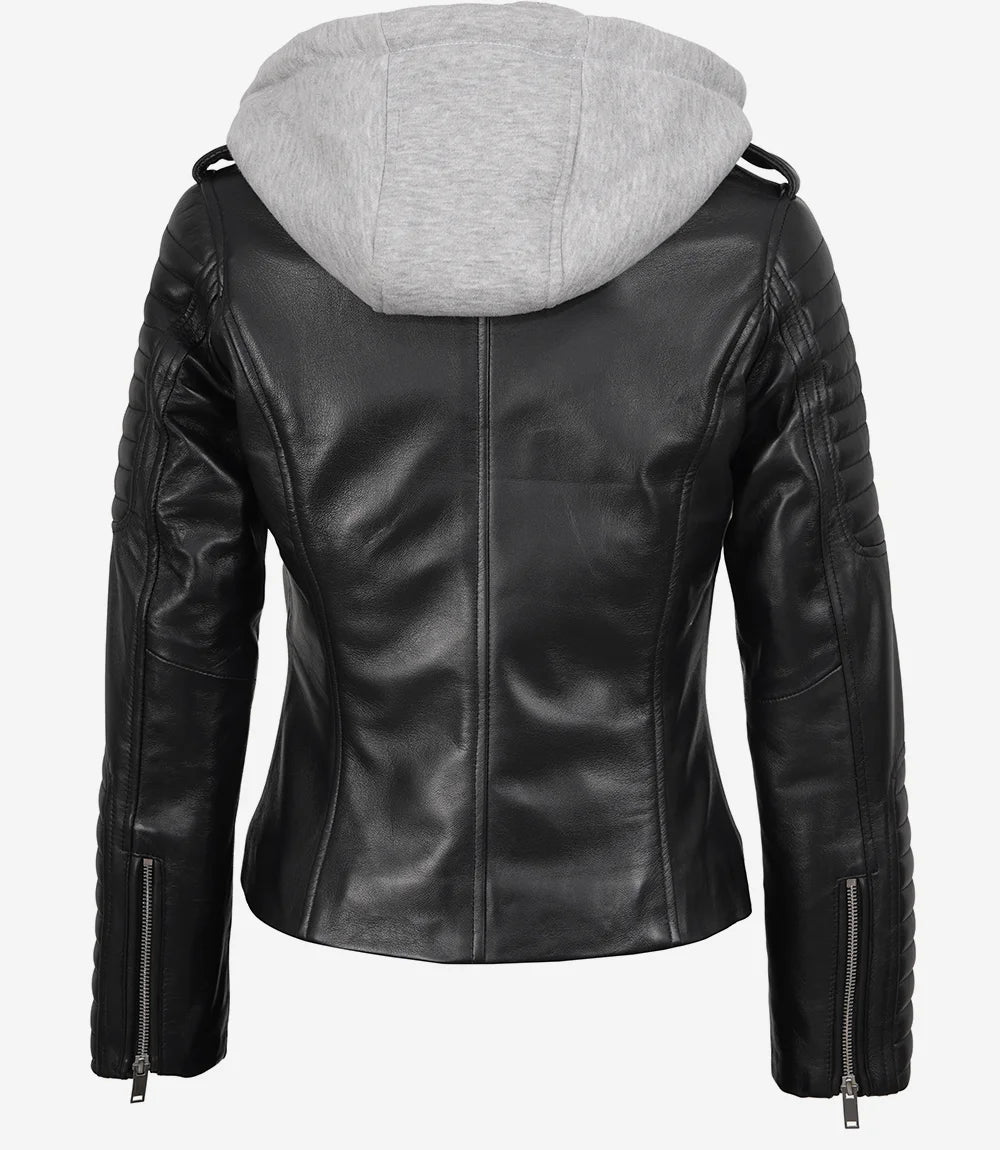 Schwarze Lederjacke im Biker-Stil für Damen mit Kapuze