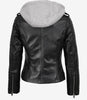 Schwarze Lederjacke im Biker-Stil für Damen mit Kapuze