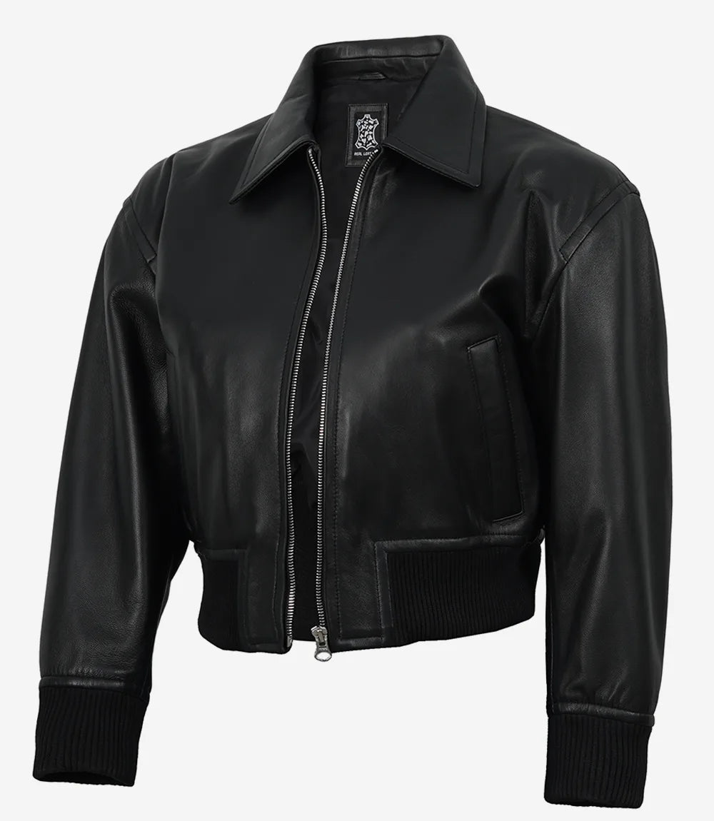 Women's Black Leather Bomber Jacket - Cropped Drop Shoulder Style