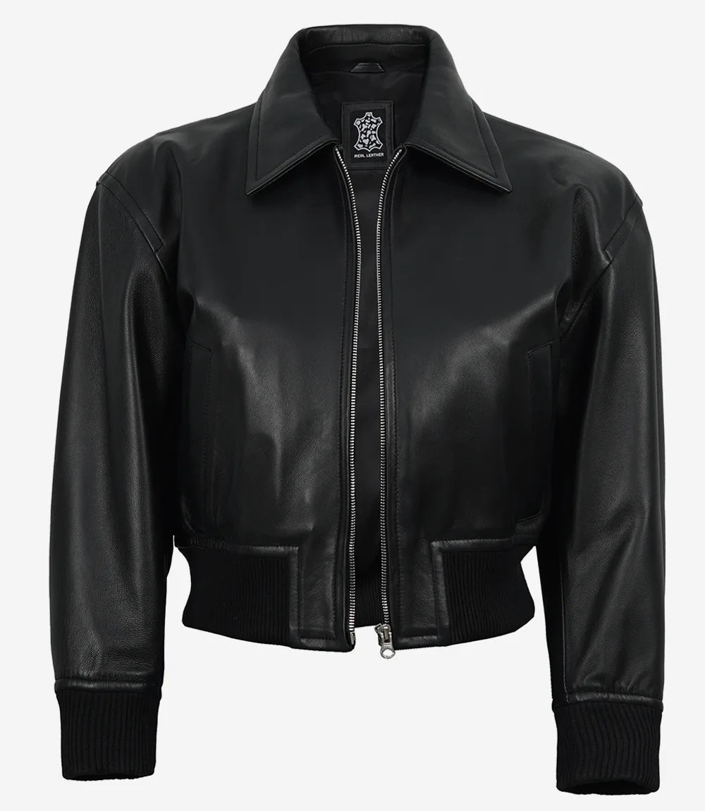 Women's Black Leather Bomber Jacket - Cropped Drop Shoulder Style