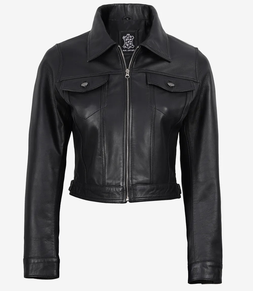 Women's Black Real Leather Cropped Trucker Jacket
