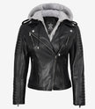Schwarze Lederjacke im Biker-Stil für Damen mit Kapuze