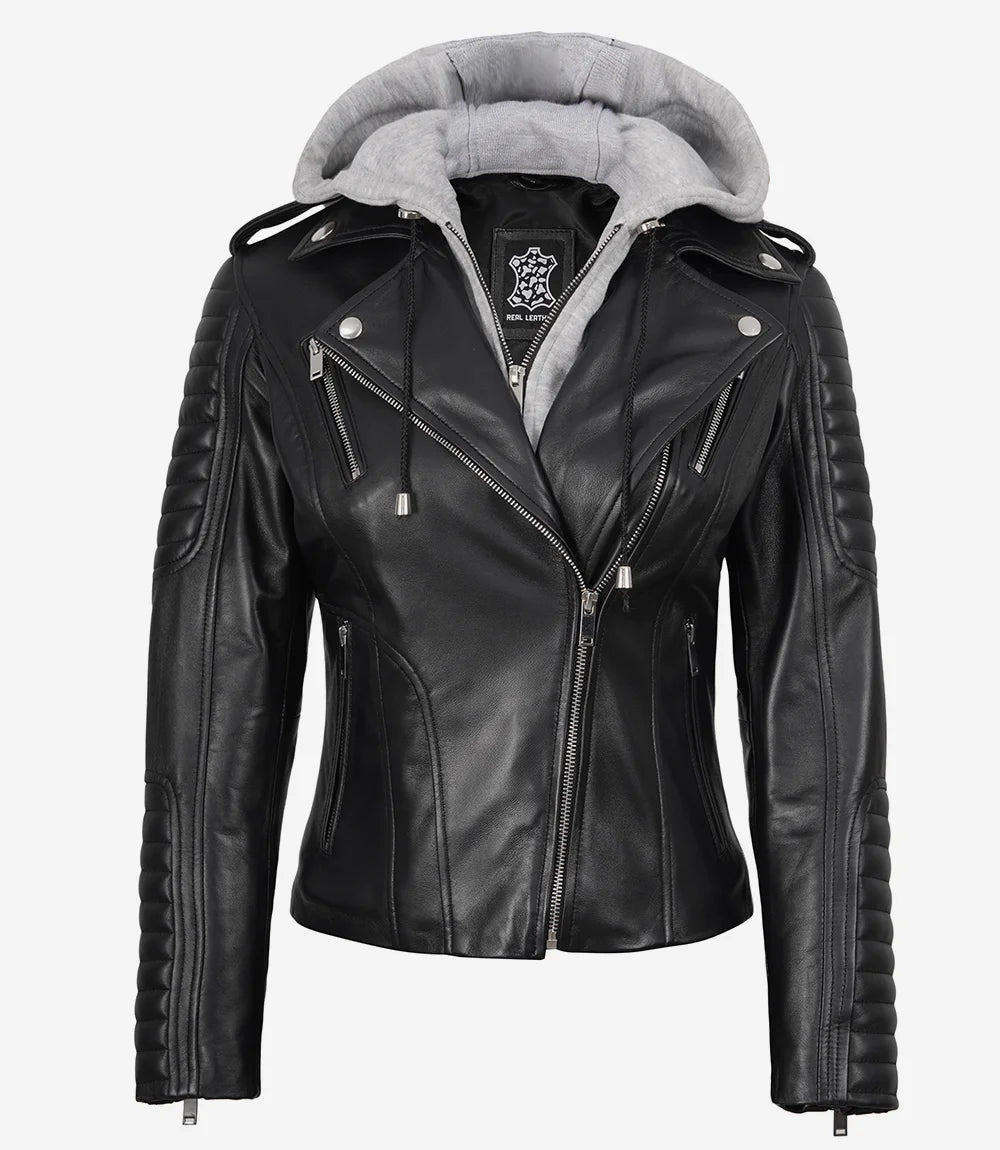 Schwarze Lederjacke im Biker-Stil für Damen mit Kapuze