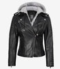 Schwarze Lederjacke im Biker-Stil für Damen mit Kapuze