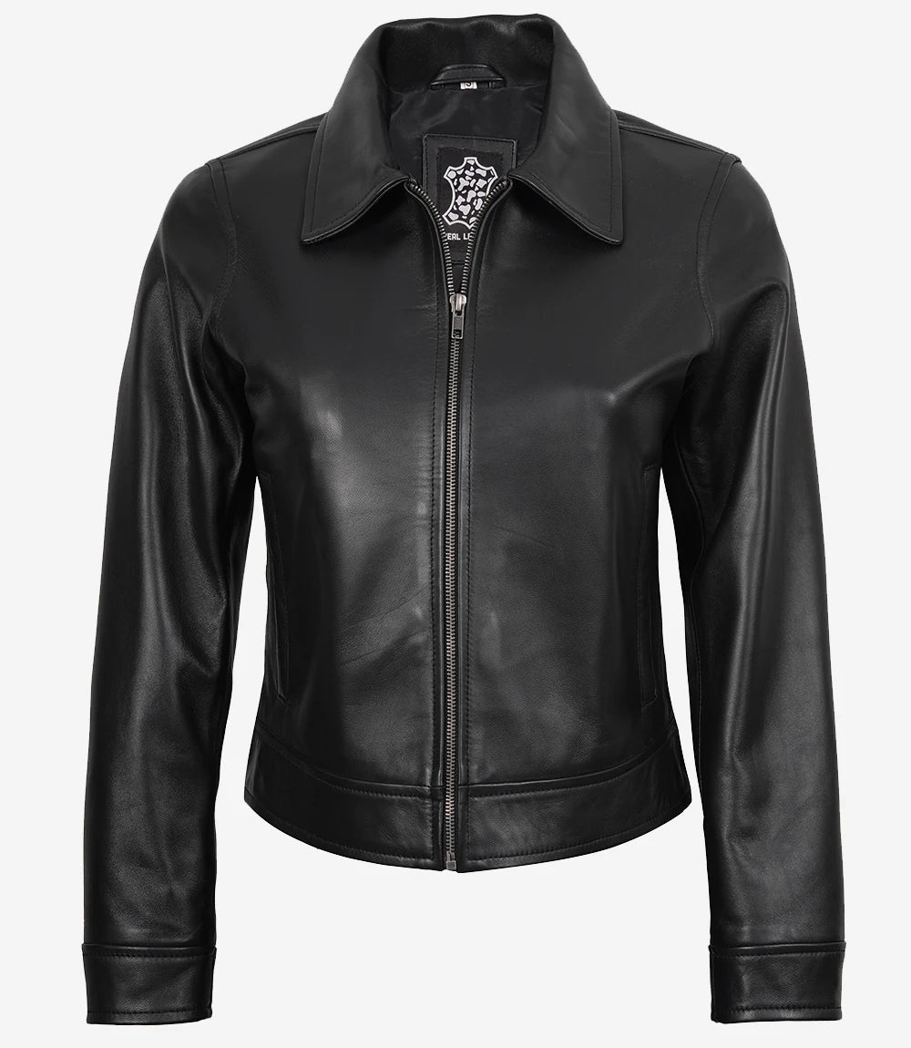Womens Black Shirt Collar Harrington Leather Jacket