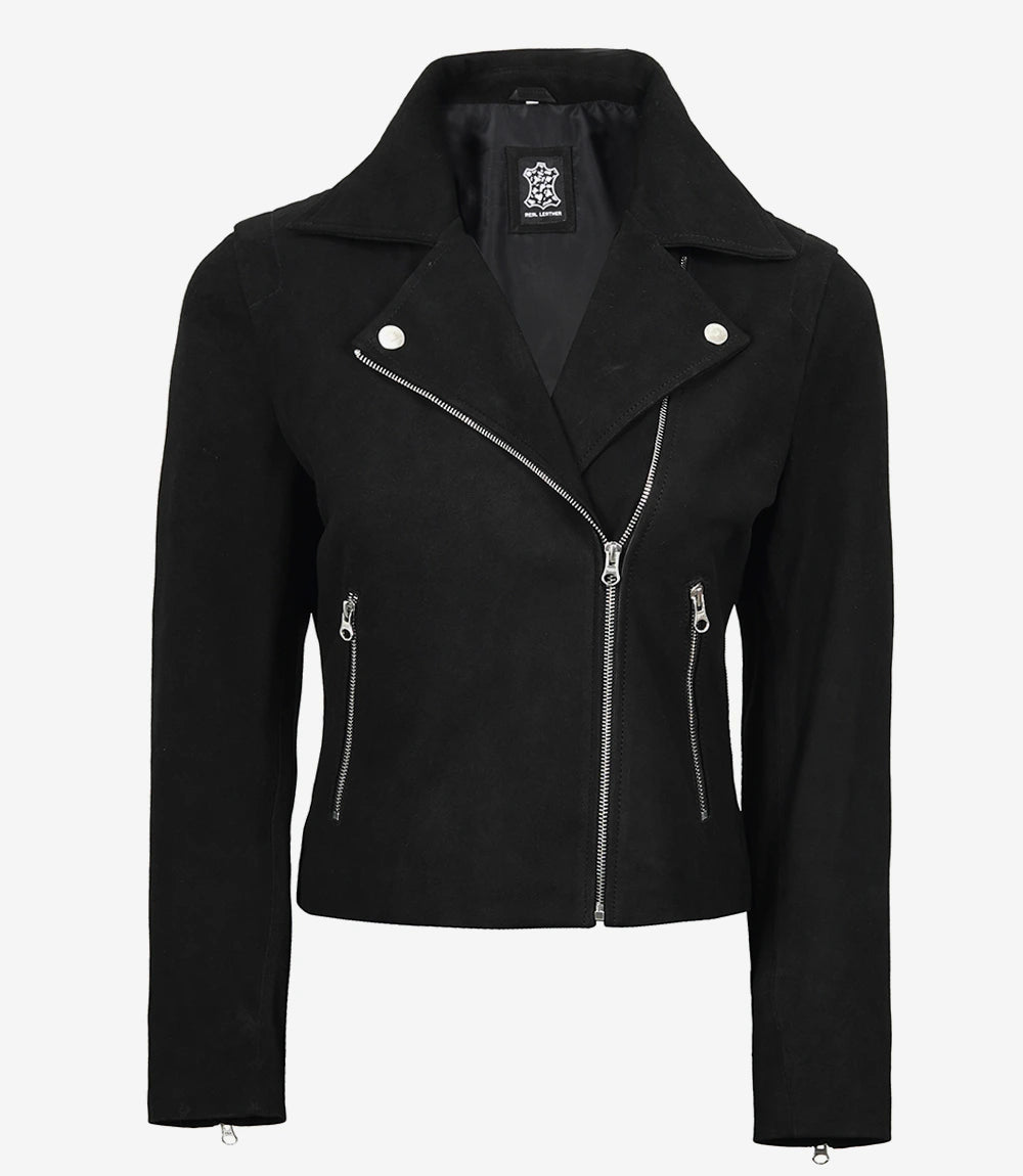 Womens Black Real Suede Biker Style Jacket