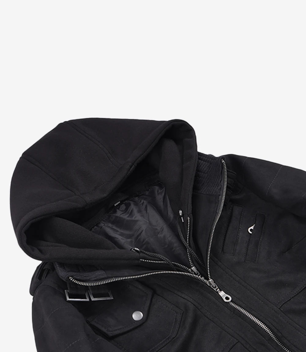 Women's Black Faux Suede Hooded Bomber Jacket