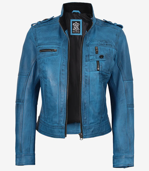 Women's Blue Waxed Lambskin Leather Biker Style Jacket