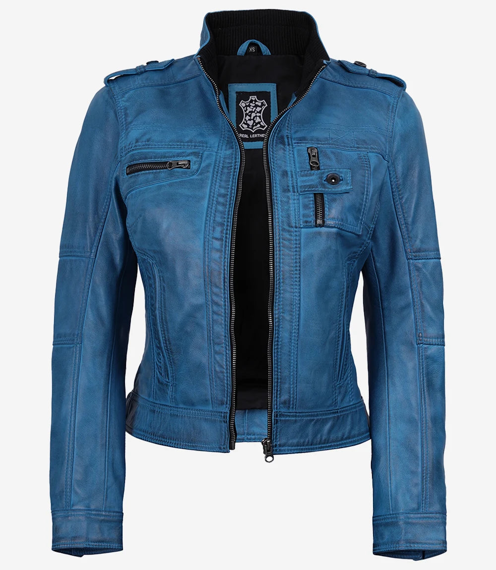 Blaue Damenjacke im Biker-Stil aus gewachstem Lammleder