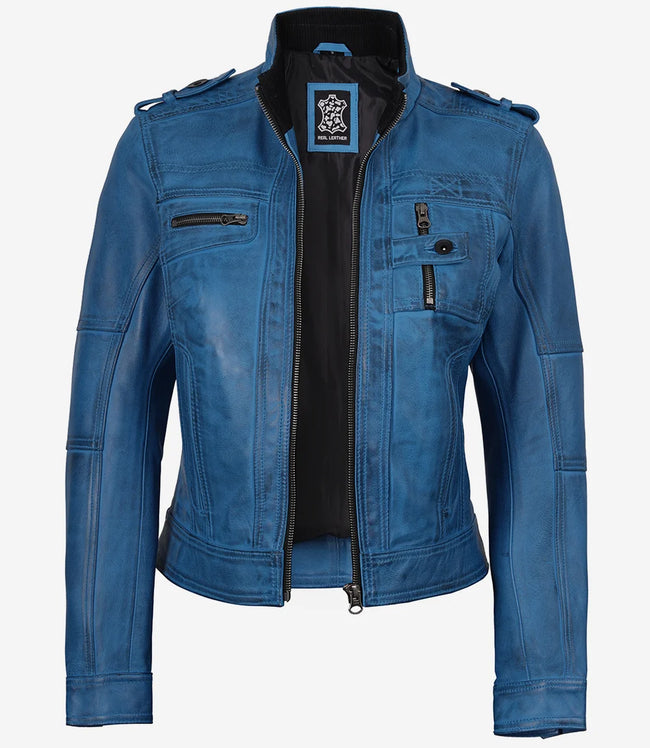 Blaue Damenjacke im Biker-Stil aus gewachstem Lammleder