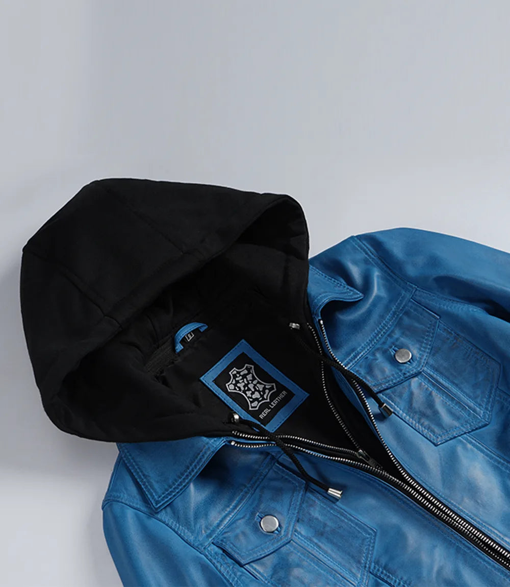 Women’s Blue Waxed Real Leather Jacket with Removable Hood